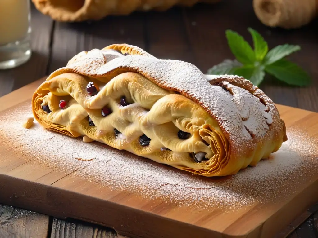 Delicioso cannoli siciliano recién horneado con relleno perfecto, bayas rojas y hoja de menta