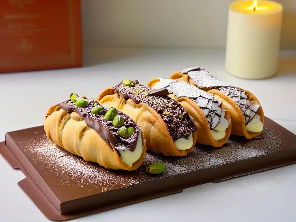 Delicioso cannoli siciliano con relleno perfecto, crujiente y cremoso, espolvoreado con azúcar glas y decorado con pistachos y chocolate