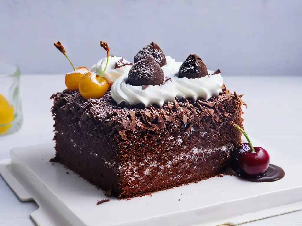 Un delicioso Black Forest cake con capas de chocolate, crema batida y cerezas, en un plato moderno