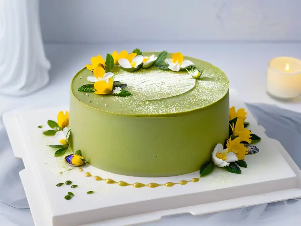 Delicioso cheesecake de té matcha con flores comestibles y hojas de oro sobre plato de mármol blanco