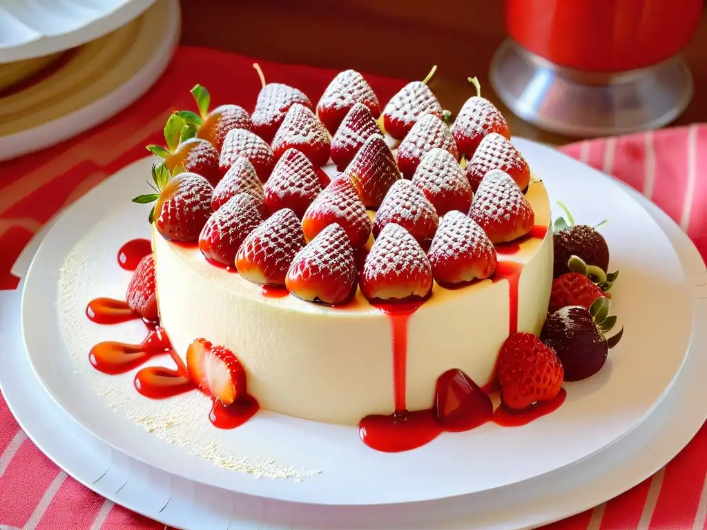 Delicioso cheesecake de Nueva York con fresas frescas y salsa brillante, sobre plato blanco