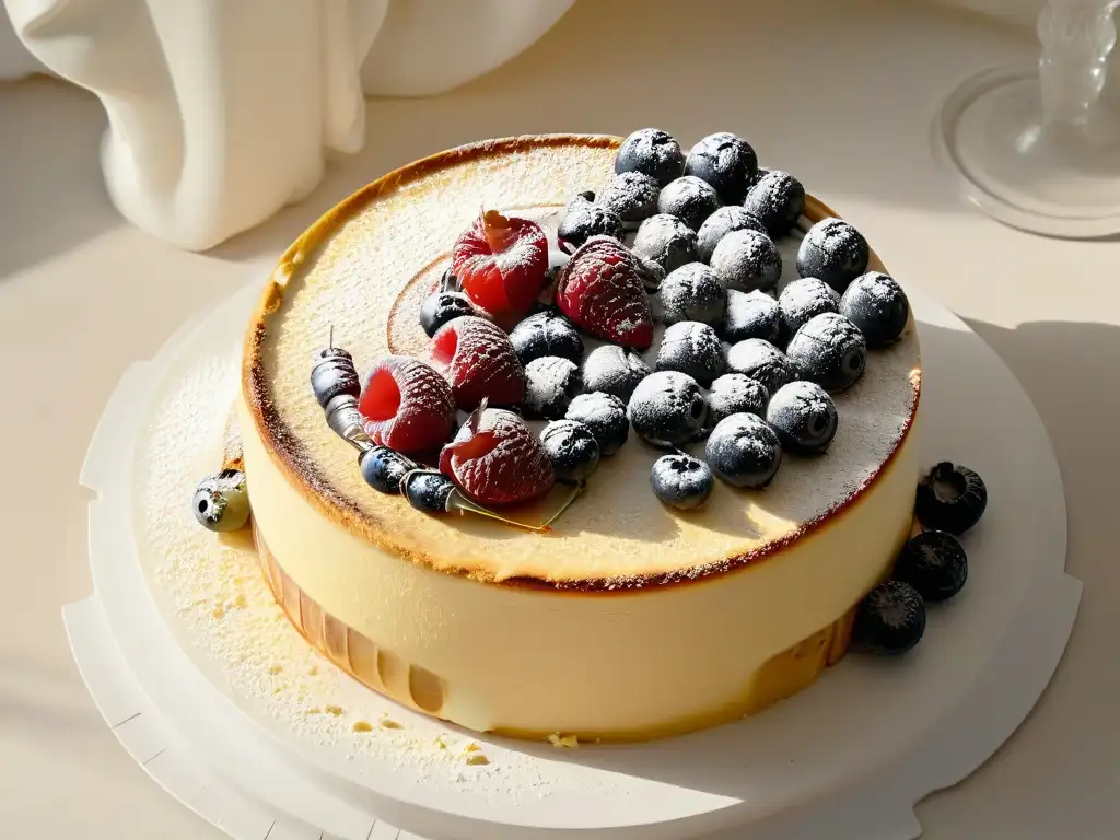 Delicioso cheesecake con frutas y azúcar glass