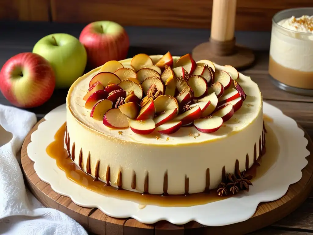 Delicioso cheesecake de manzana y canela en otoño, adornado con una fina capa de manzanas y canela, sobre una mesa rústica