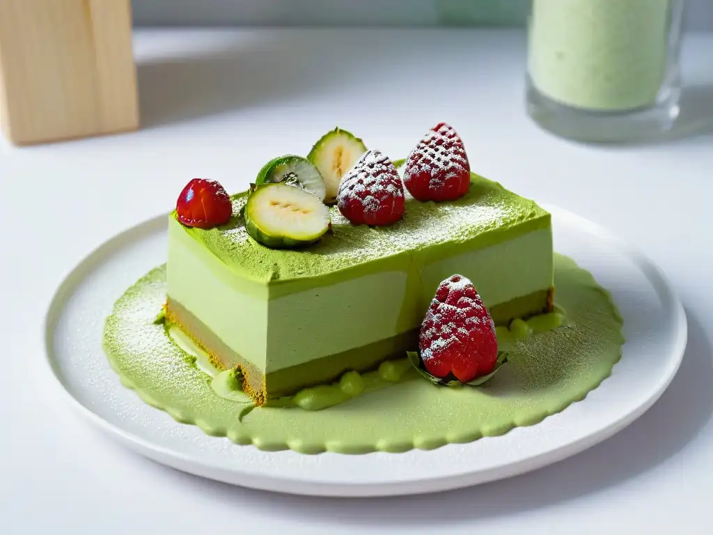 Delicioso cheesecake matcha con capas perfectas, polvo de matcha y frambuesas frescas en plato minimalista