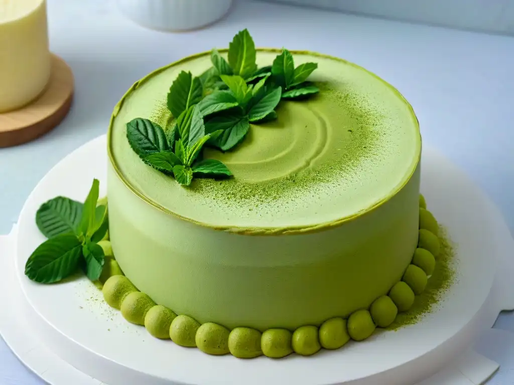 Delicioso cheesecake de matcha con polvo verde espolvoreado en un plato moderno