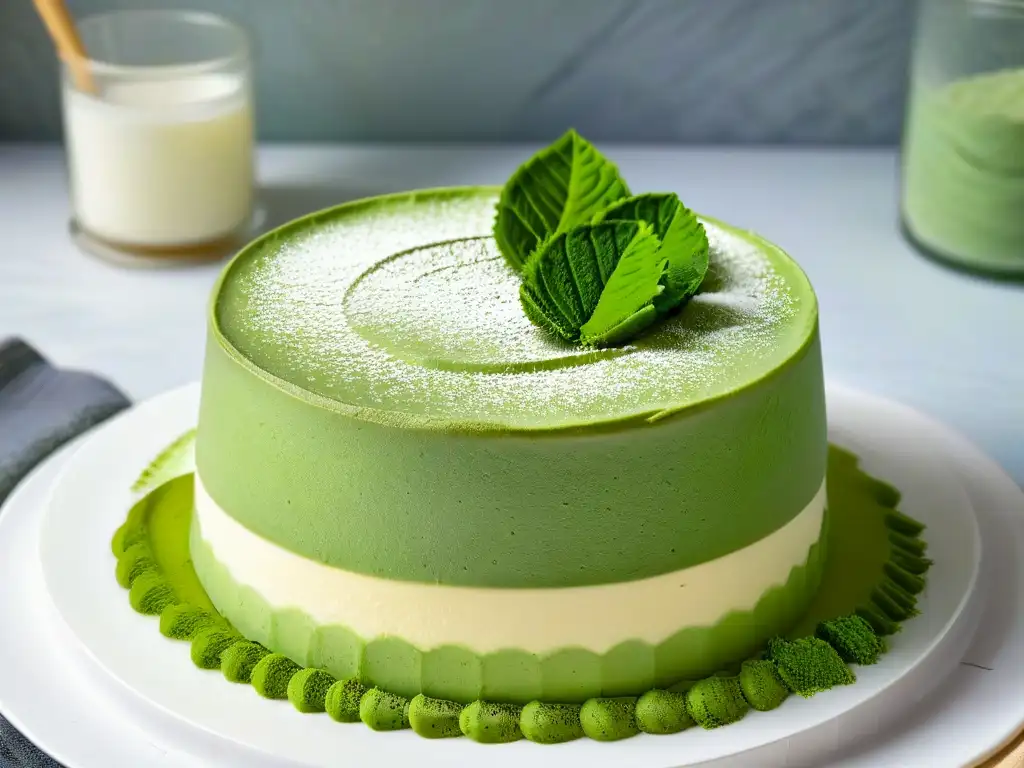 Delicioso cheesecake de té matcha con relleno verde vibrante y polvo de matcha, en plato blanco