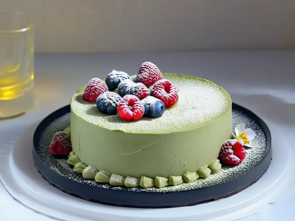 Un delicioso cheesecake vegano de matcha con frambuesas y flores comestibles sobre un plato negro, fusionando sabores asiáticos