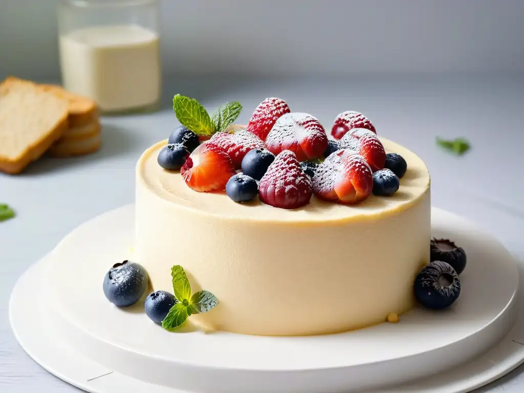 Delicioso cheesecake vegano con tofu sedoso, bayas frescas y menta en un plato blanco minimalista