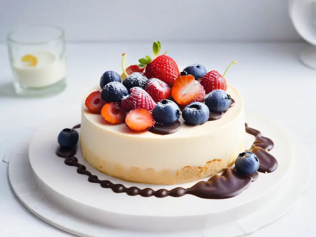 Un delicioso cheesecake vegano con tofu sedoso, bayas frescas y ganache de chocolate vegano, sobre una elegante bandeja de mármol blanco