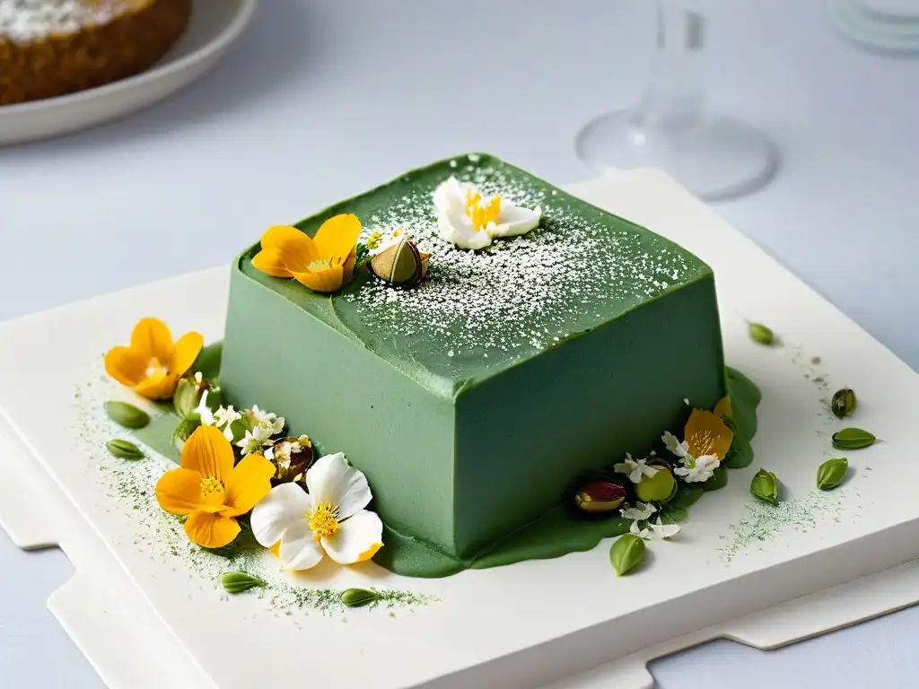 Un delicioso cheesecake verde con spirulina y flores comestibles, pistachos y crema de coco