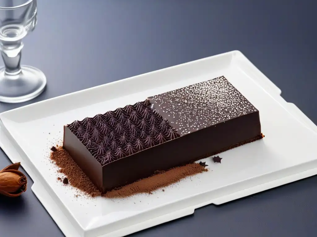 Delicioso chocolate amargo con cacao en un plato blanco, textura rica y elegante