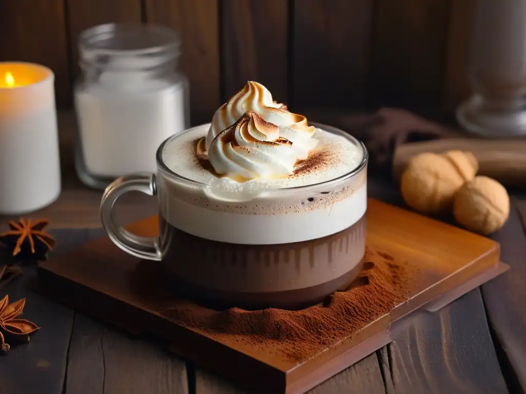 Delicioso chocolate caliente con malvavisco tostado en mesa de madera