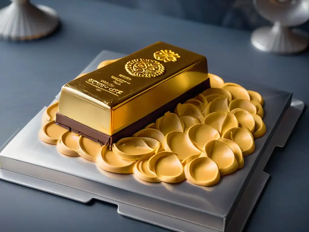 Delicioso chocolate dorado: lujo y sofisticación en cada detalle Delicioso chocolate dorado con patrones intrincados en plato plateado bajo luz suave