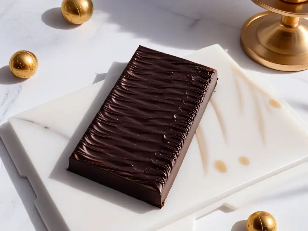 Delicioso chocolate negro en mármol blanco con granos de cacao y trufas doradas