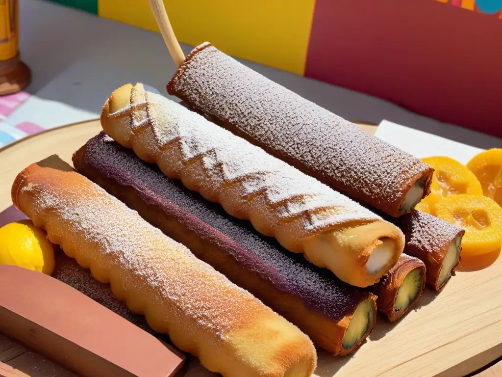 Delicioso churro dorado con azúcar de canela y coloridas paletas mexicanas en una mesa rústica