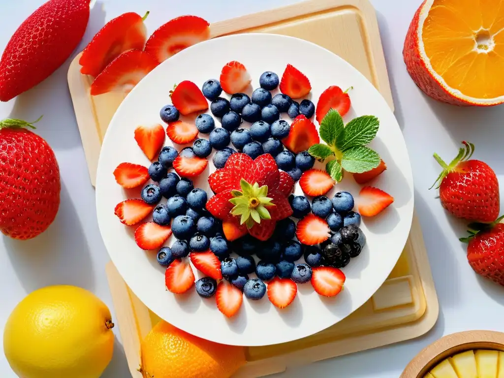 Delicioso círculo de frutas frescas en rodajas sobre tabla de mármol blanco