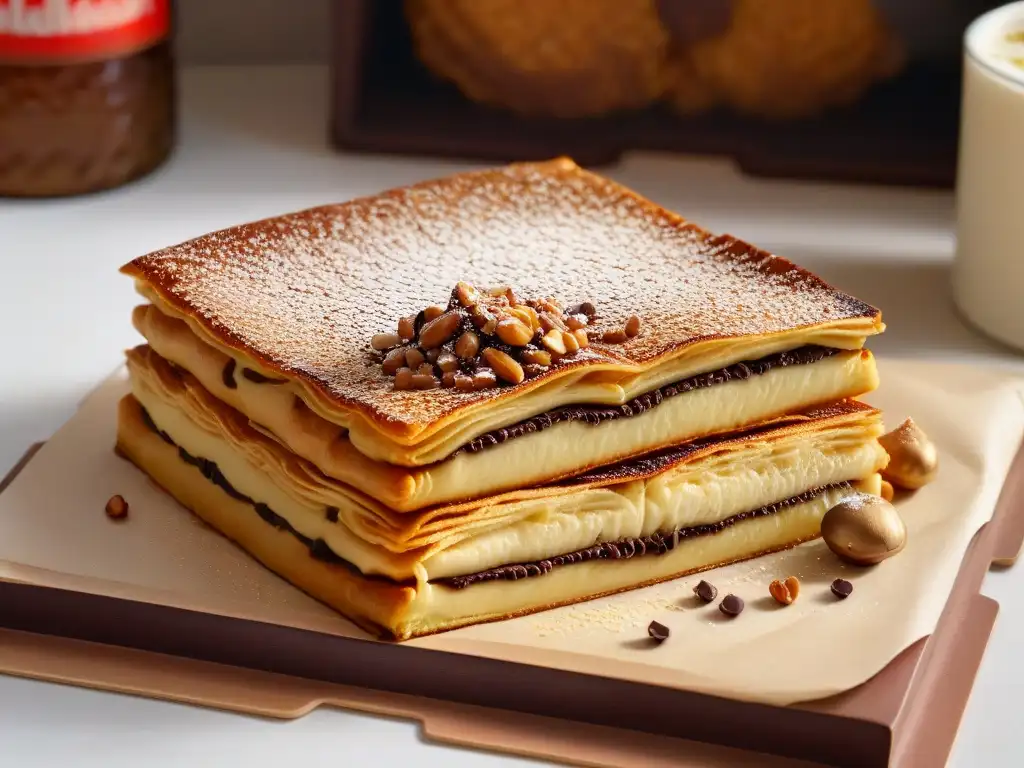 Delicioso martabak manis recién cocinado con bordes dorados crujientes, decorado con leche condensada, chispas de chocolate y cacahuetes triturados