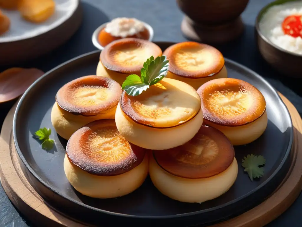 Delicado Khanom Krok tailandés: dorado y cremoso Delicioso Khanom Krok tailandés recién cocinado: crujiente exterior dorado y cremoso interior de coco, con patrón detallado en molde de hierro