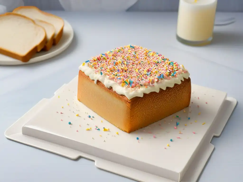 Un delicioso y colorido Fairy Bread sobre un plato blanco moderno, con brillantes sprinkles de colores bajo suave luz natural