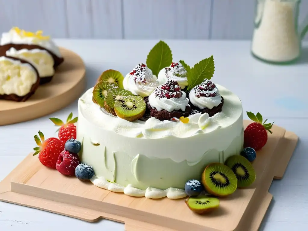 Delicioso contraste entre postres icónicos Australia Nueva Zelanda: Pavlova con frutas y Lamington con coco