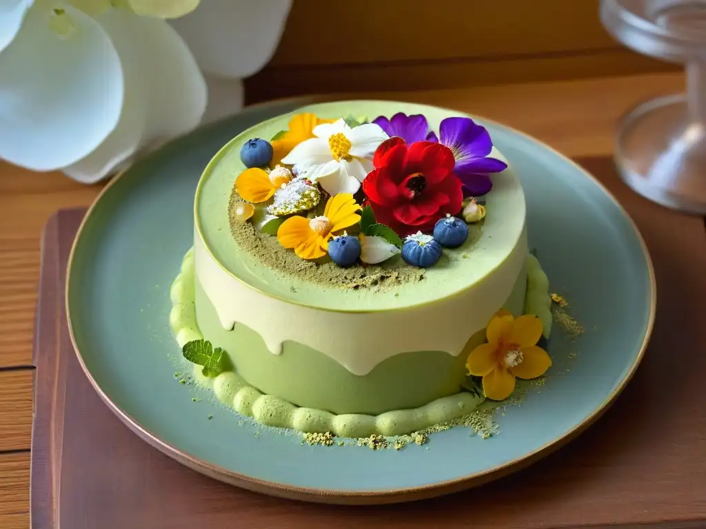 Delicioso tiramisú de té matcha con crema de yuzu, flores comestibles y detalles de hoja de oro