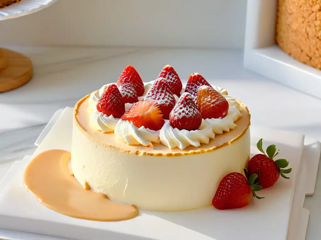 Delicioso cheesecake en mármol con crema y fresa, evocando los postres icónicos de Nueva York