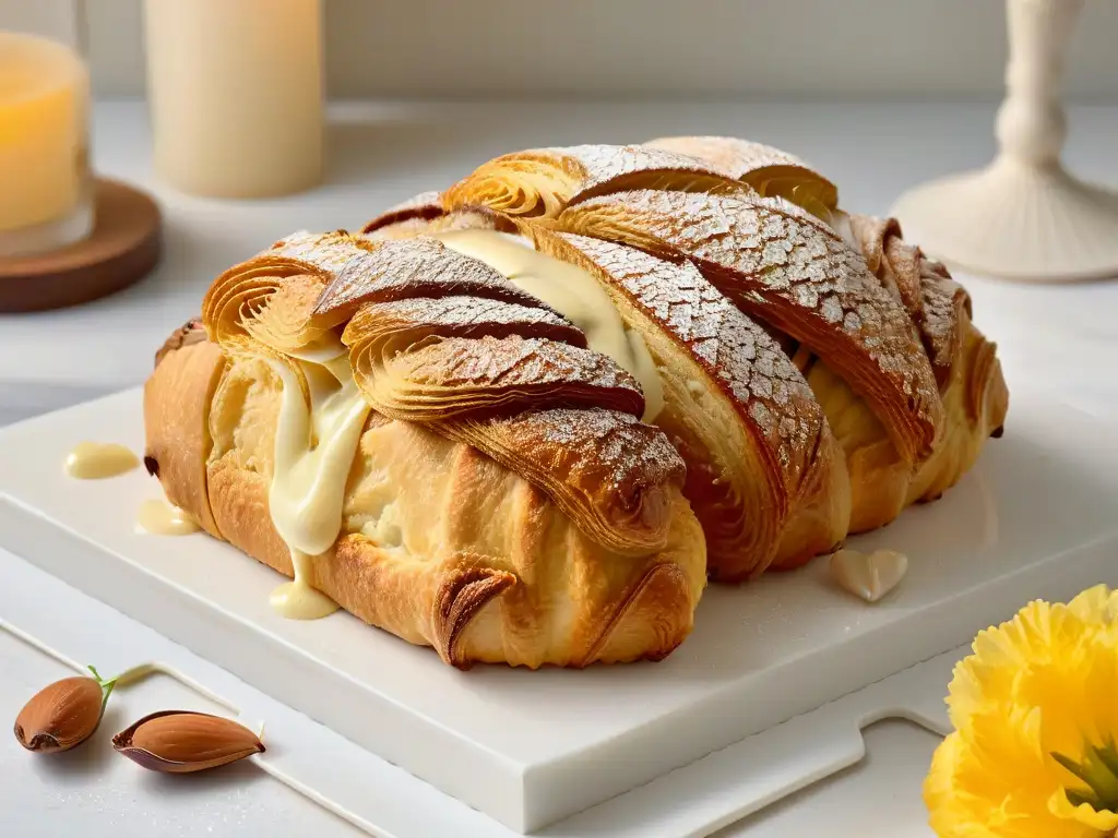 Delicioso croissant de almendra horneado con aceite de almendras, en un elegante entorno
