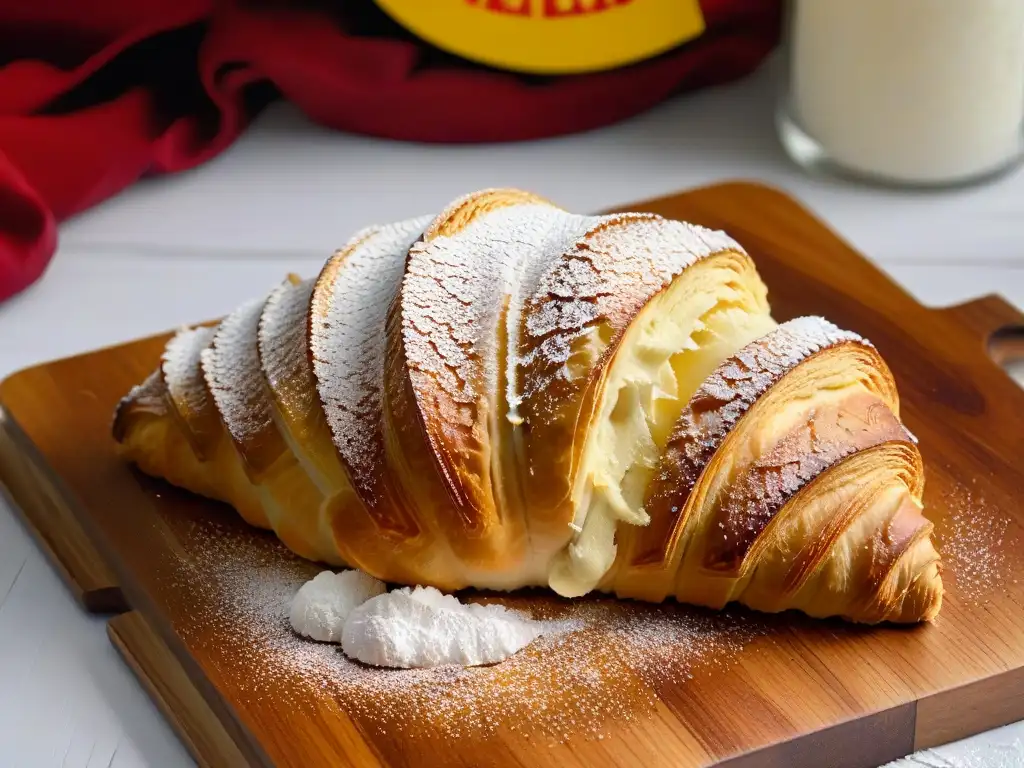 Delicioso croissant dorado y escamoso sobre tabla de madera, con toque de azúcar, ¡Secretos repostería francesa libro!