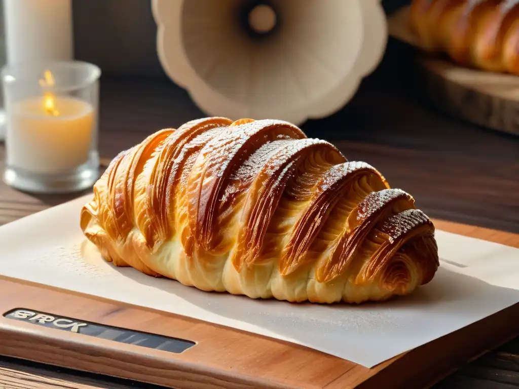 Delicioso croissant dorado y escamoso sobre una mesa rústica de madera