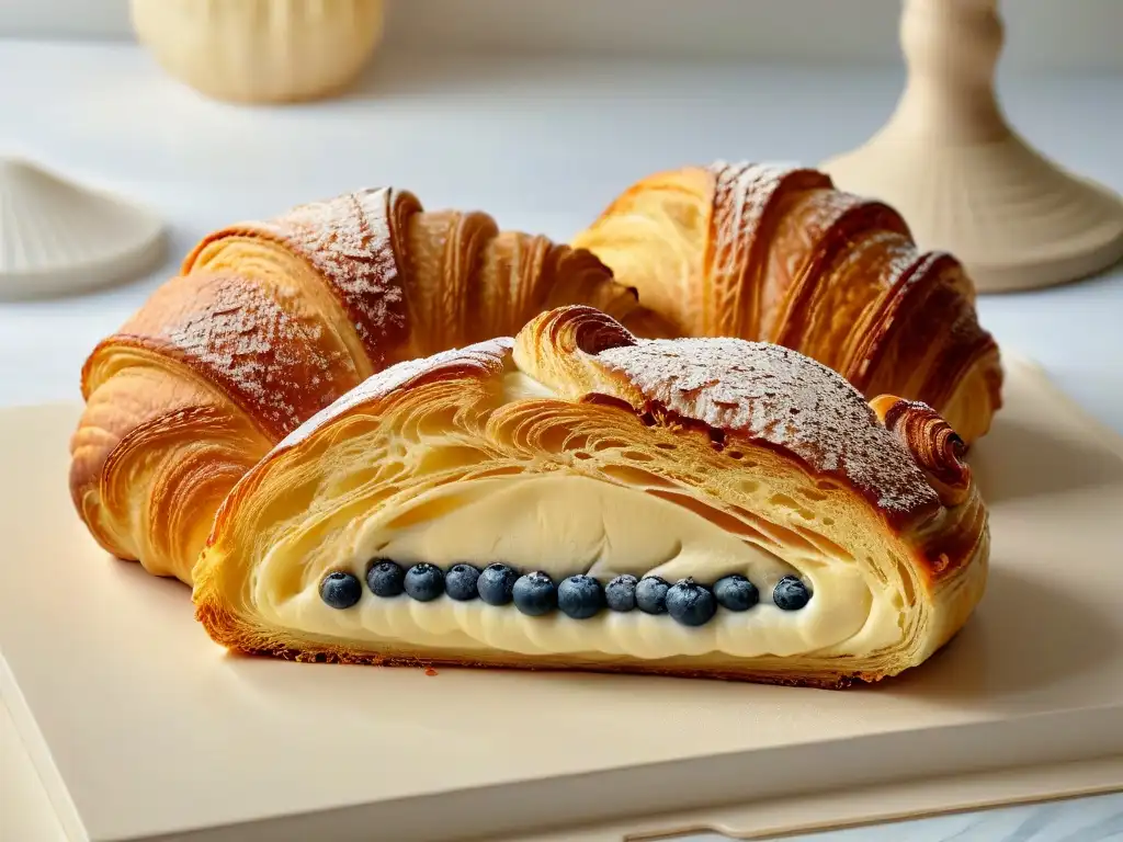 Delicioso croissant dorado y escamoso, con capas brillantes de mantequilla