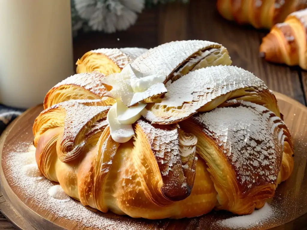 Delicioso croissant dorado con azúcar glas en mesa rústica nevada