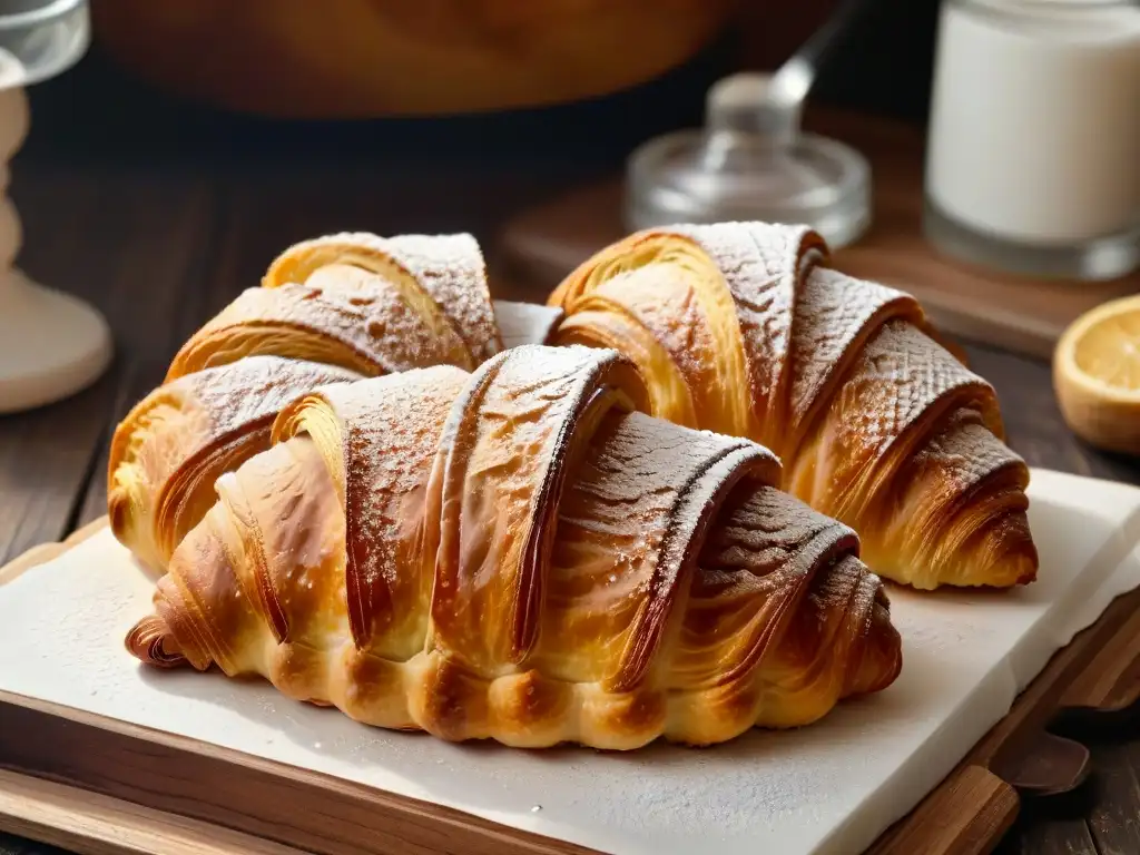 Delicioso croissant dorado recién horneado en mesa rústica, con capas de hojaldre y azúcar glas