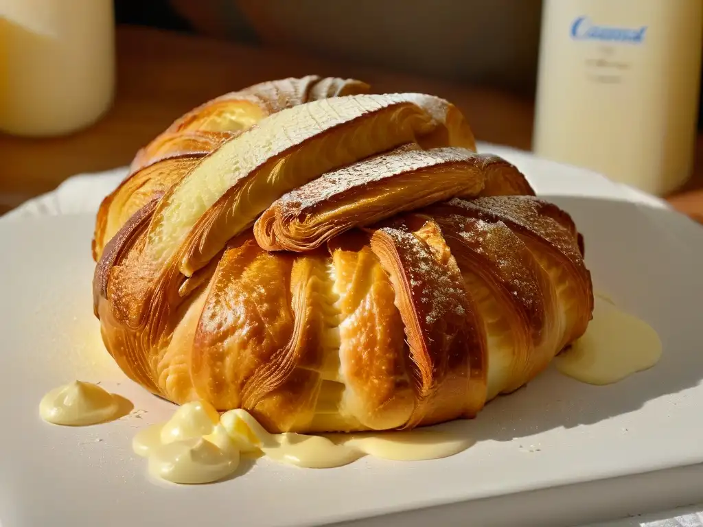 Delicioso croissant dorado recién horneado con mantequilla derretida Delicioso croissant dorado recién horneado con mantequilla, resaltando su textura y sabor
