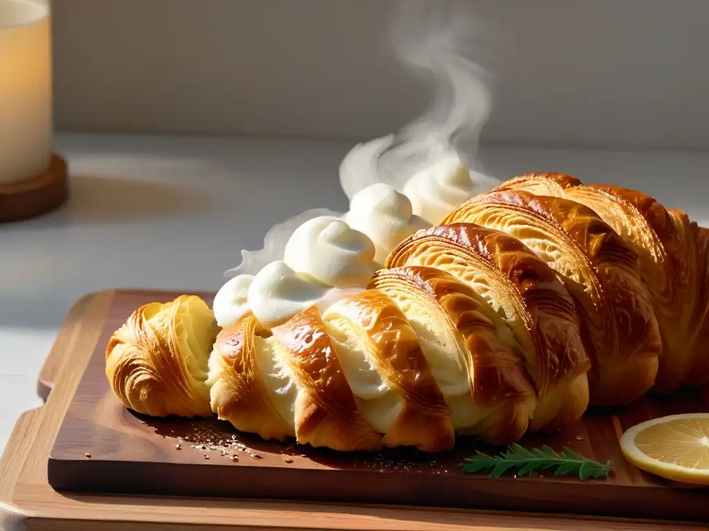 Delicioso croissant recién horneado, dorado y aromático Delicioso croissant dorado recién horneado, con vapor y capas visibles