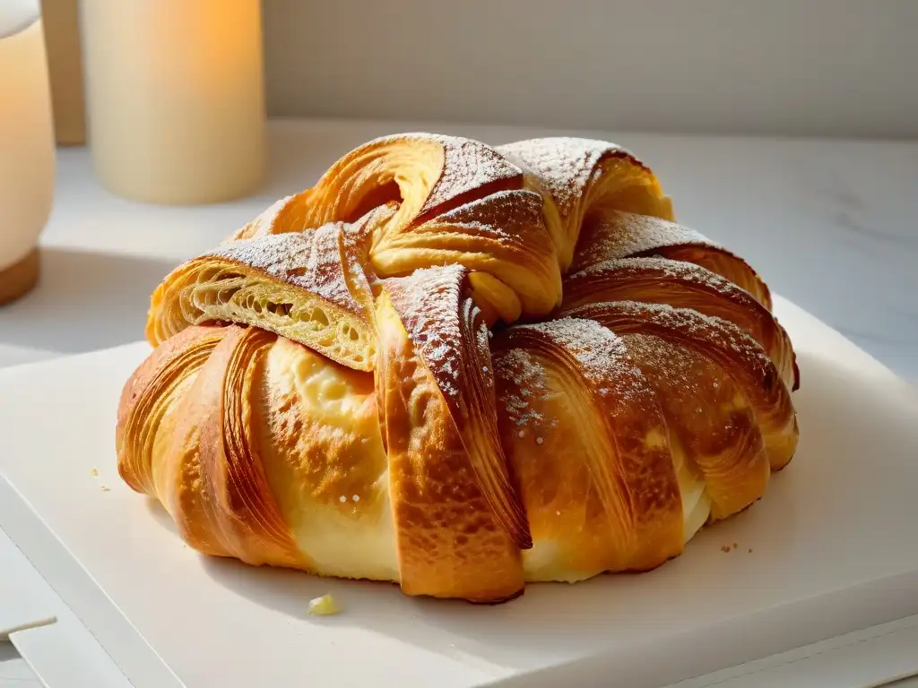 Delicioso croissant dorado recién horneado con capas escamosas brillantes, textura mantecosa de mantequilla europea