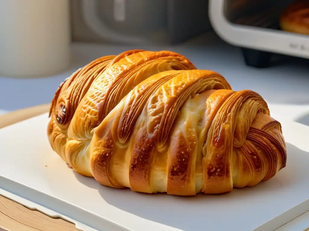 Delicioso croissant dorado recién horneado en horno de convección en repostería