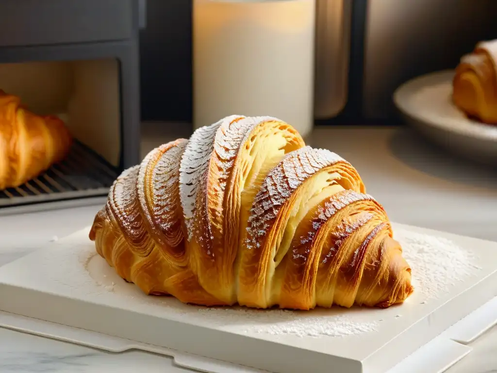 Delicioso croissant dorado recién horneado con azúcar glas encima