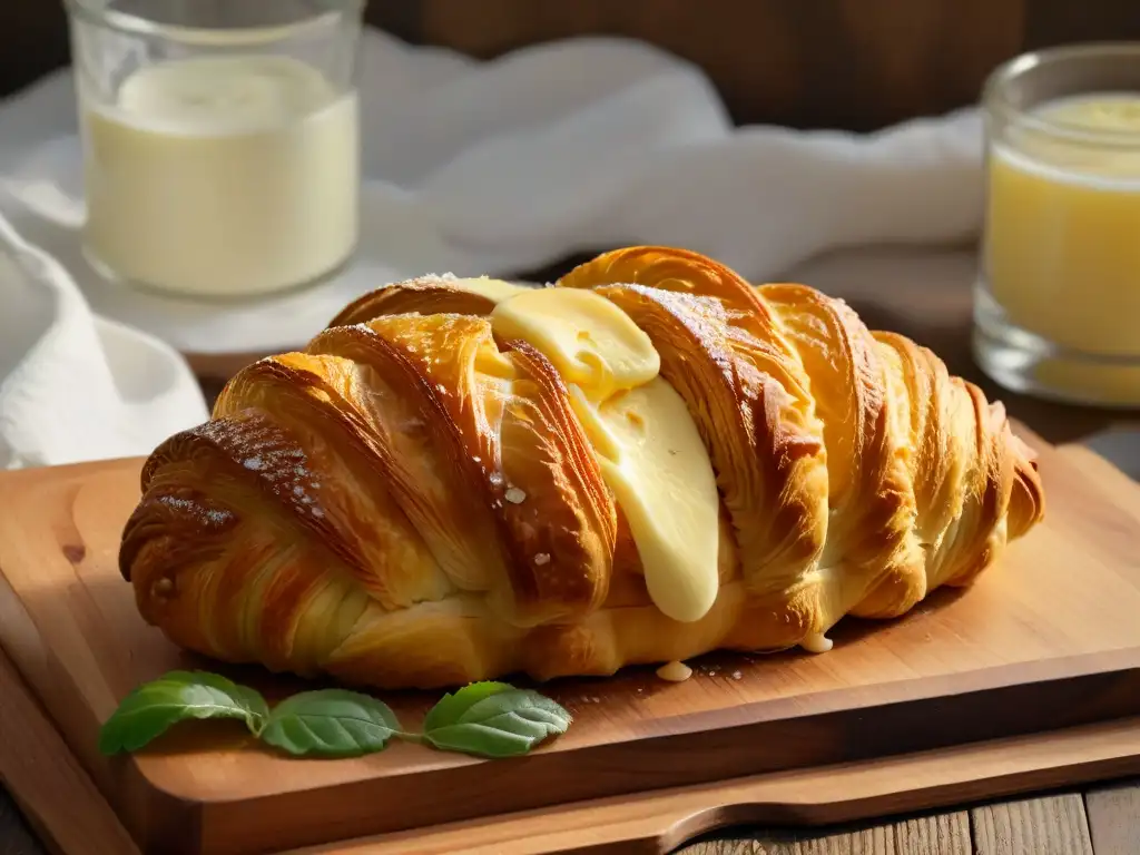 Delicioso croissant dorado y recién horneado con mantequilla, en tabla de madera rústica