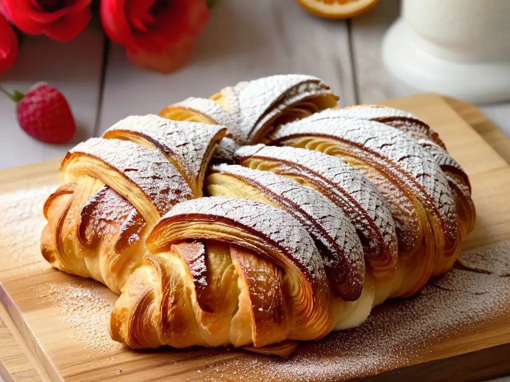 Delicioso croissant dorado con ingredientes éticos y decorado con bayas frescas en mesa rústica