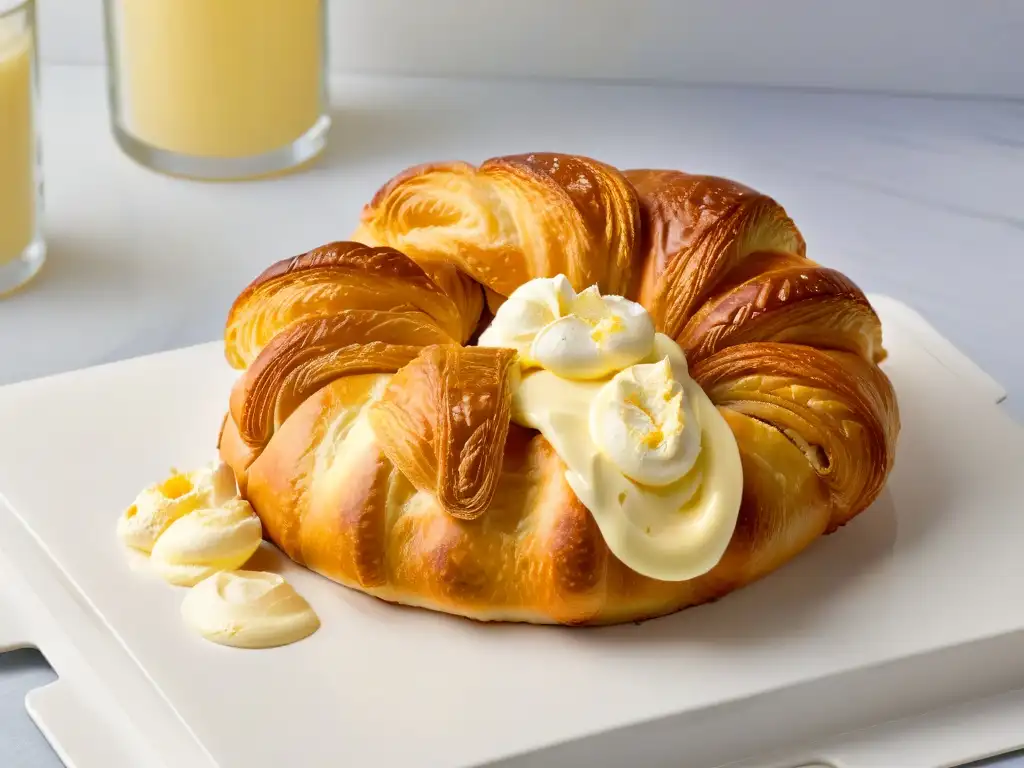 Delicioso croissant dorado con mantequilla y margarina en mármol Delicioso croissant dorado con mantequilla y margarina, destacando el contraste de ingredientes para horneados