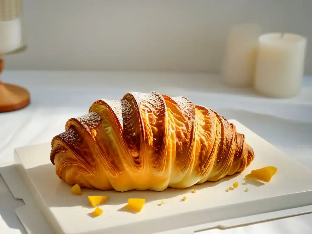 Delicioso croissant dorado con mantequilla europea, mostrando sus capas y brillo mantecoso