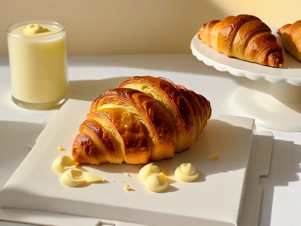 Delicioso croissant dorado con mantequilla europea de alto contenido graso derritiéndose, en un elegante plato blanco