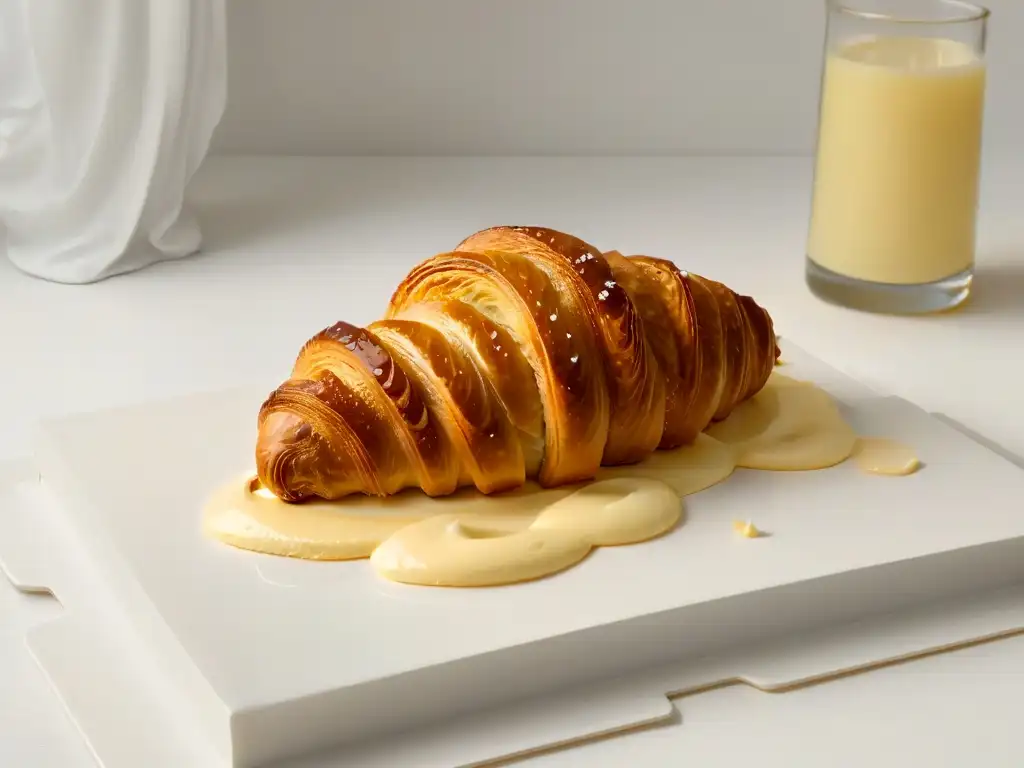 Croissant dorado recién horneado con margarina fundida Delicioso croissant dorado con margarina derritiéndose, en plato blanco