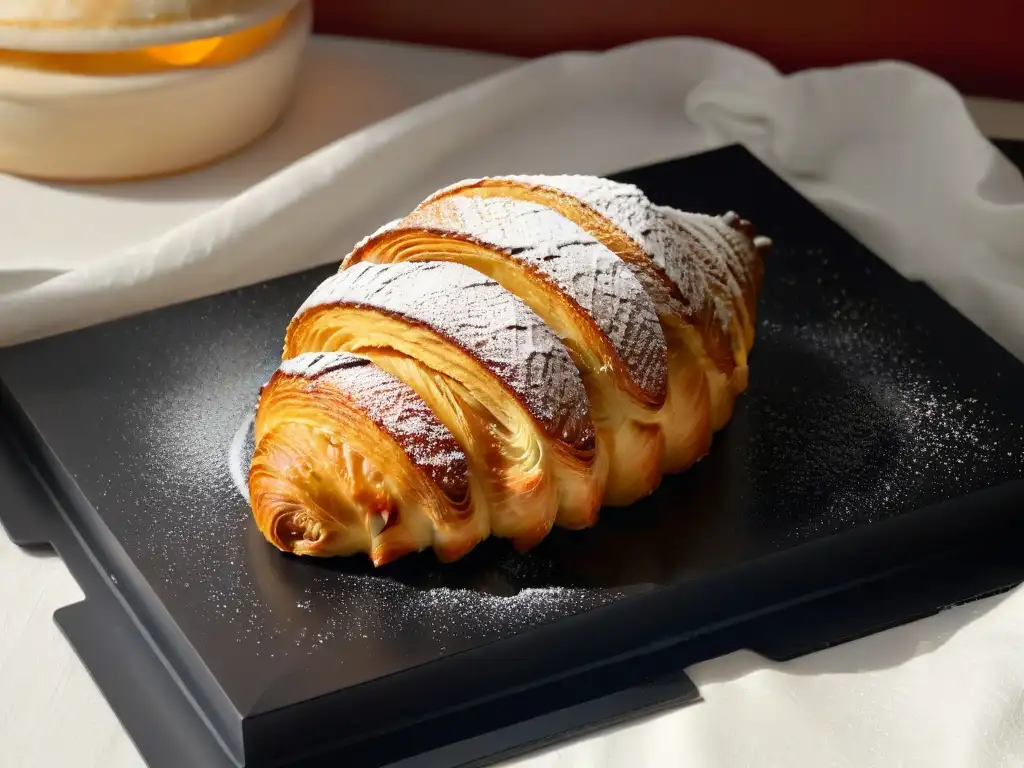 Delicioso croissant dorado en plato negro moderno, con capas visibles y vapor, éxito pasteleros festivales globales