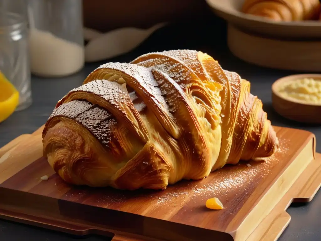 Delicioso croissant dorado en tabla de madera, detalle de la pastelería francesa