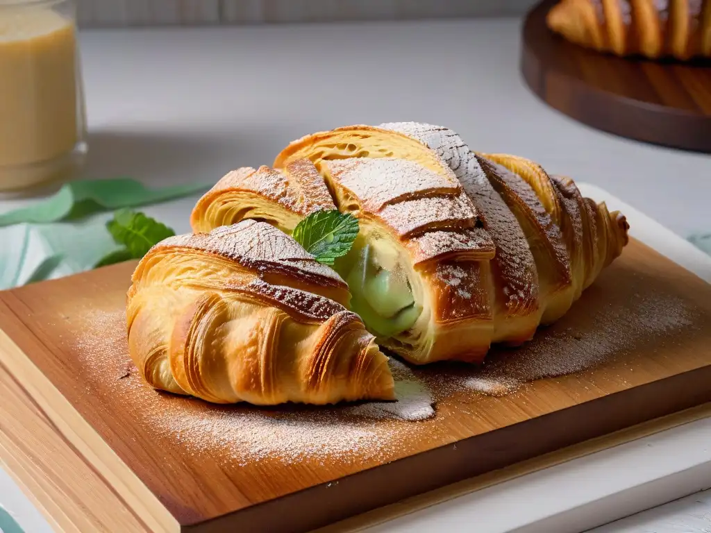 Delicioso croissant sin gluten dorado en tabla de madera con menta fresca