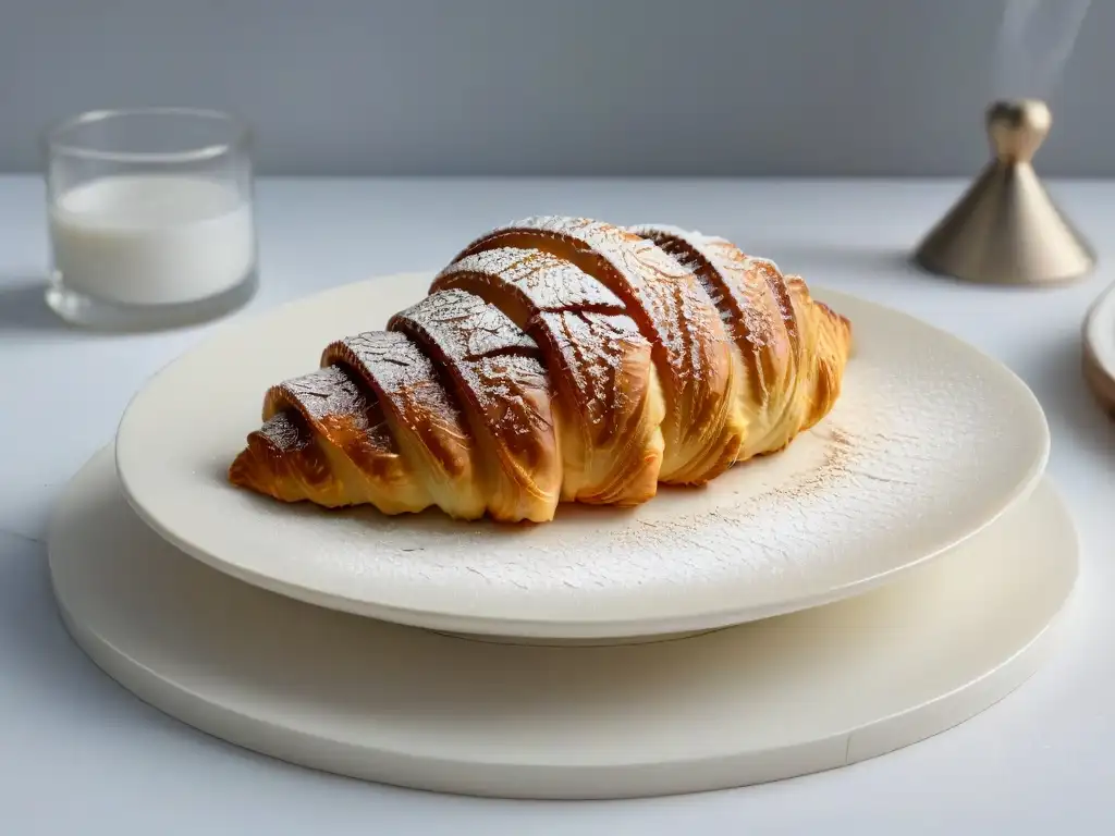 Delicioso croissant sin gluten dorado con capas visibles y azúcar glas, en plato blanco