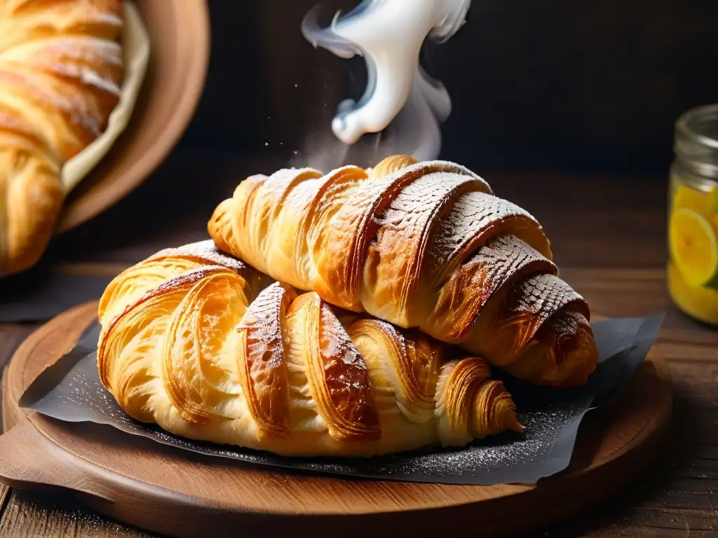 Delicioso croissant de mantequilla europea contenido grasa, recién horneado, con vapor y textura dorada