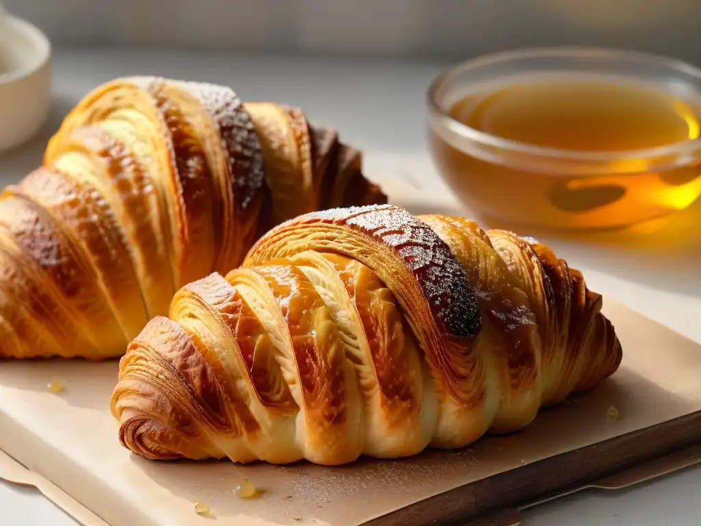 Delicioso croissant recién horneado, dorado y brillante con glaseado de miel
