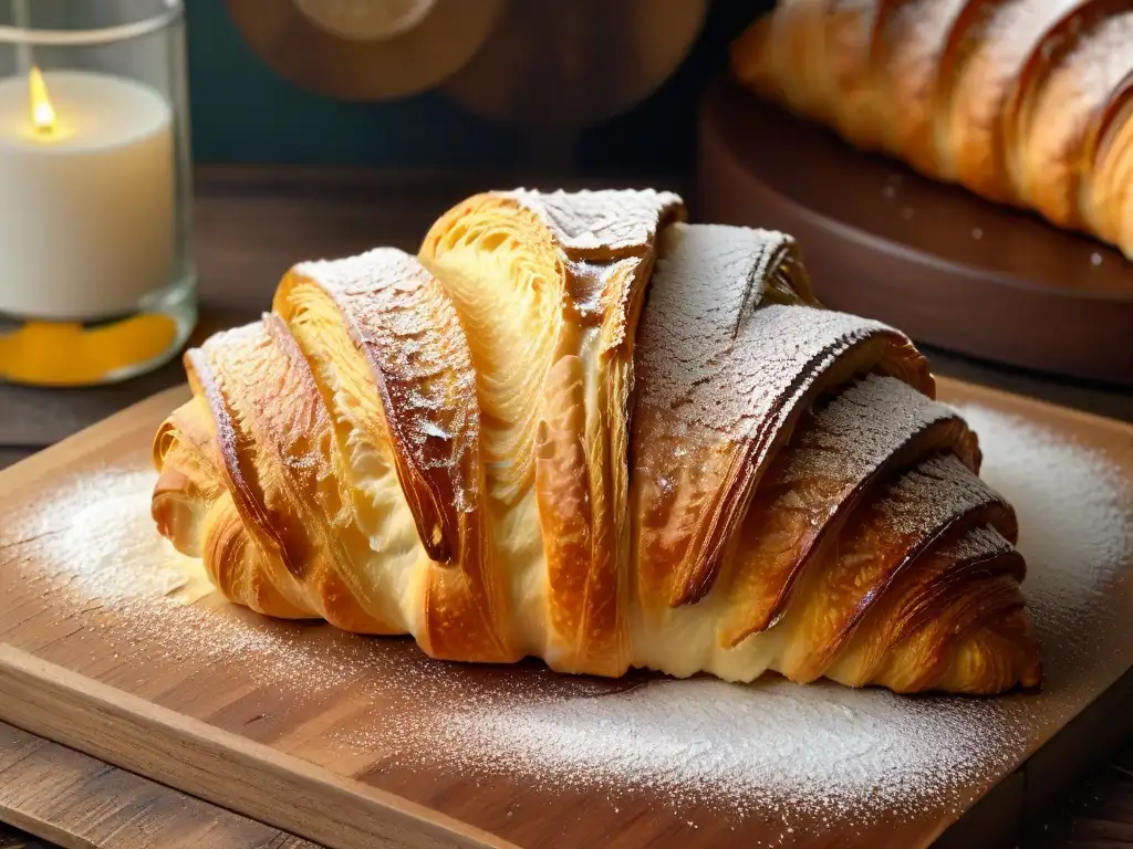 Delicioso croissant recién horneado con azúcar glass, sobre mesa rústica